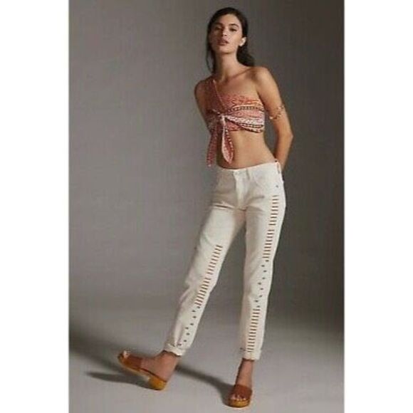 Anthropologie Pilcro Ivory/Cream Slim Boyfriend Tall Jeans With Colorful Embroid - Picture 1 of 16